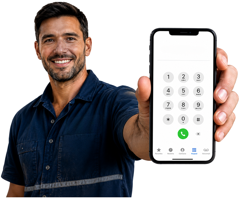 Regents Park Blocked Drains plumber holding a phone — call 1300 261 965