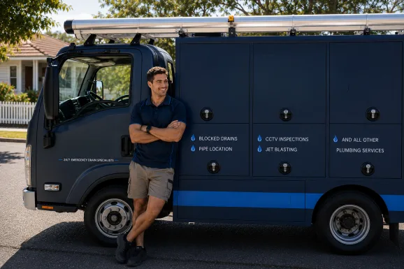 Plumber standing beside a service van in Regents Park