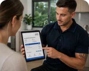 Plumber showing a Regents Park customer the quote on a tablet