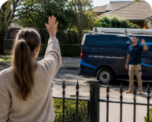 Customer waving goodbye to a Regents Park Blocked Drains plumber